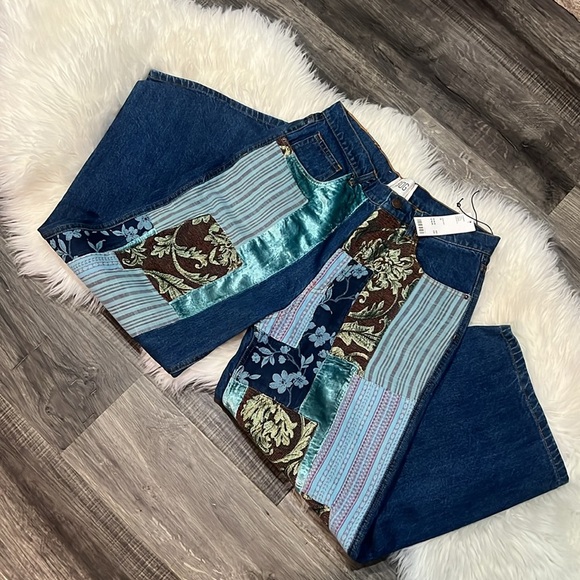 BDG Boho Velvet Denim Patchwork Hippie Relaxed Fit Jean Jacquard - Picture 6 of 10